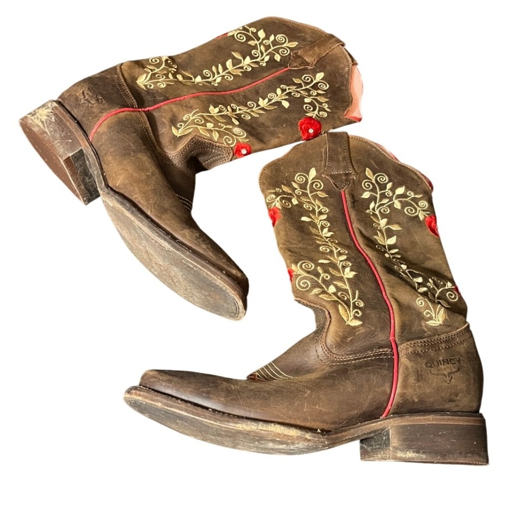 Quincy Boots Cowboy Boots Womens 9 Brown Leather Floral Embroidered Square Toe